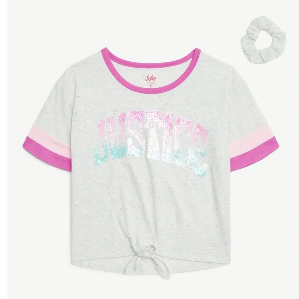 🔴 3/$12 Justice Gray and Pink Tie-Front T-Shirt‎ with Hair Tie! NWT!